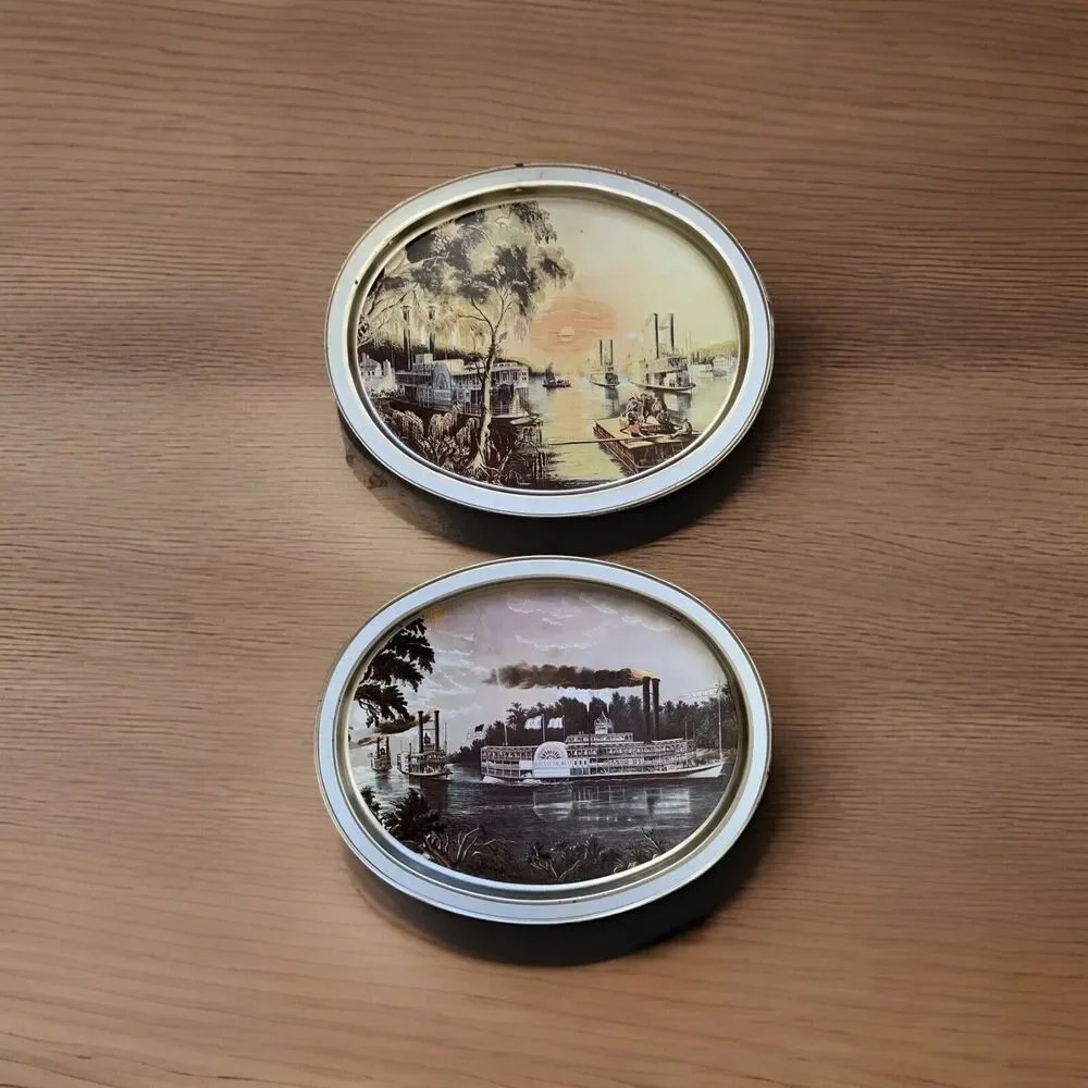 Currier and Ives Metal Serving Tray Mississippi 1965 1966 (set of 2) VTG Display